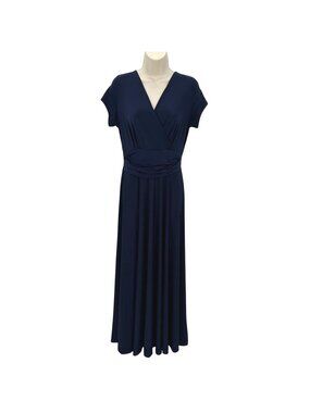 Koh Koh Navy Blue Stretch Empire Waist Wrap Front Maxi Dress M